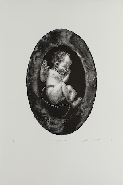 David O´Kane: A Child, Just Dropt, 2017, manière noire lithograph, 
motif size 32 x 21.5 cm, paper size 56 x 38 cm, edition 3 of 10
From the series A Modest Proposal. Inspired by Jonathan Swift.

